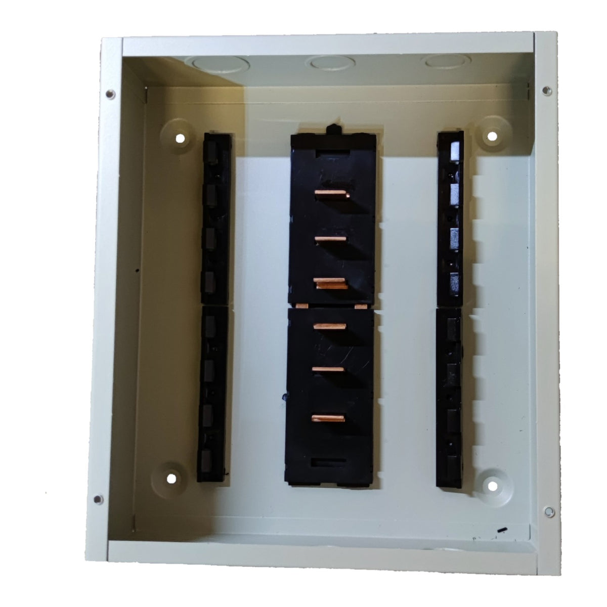 An open metal electrical junction box with a beige interior, featuring three black terminal blocks with copper-colored contact bars on a white background.