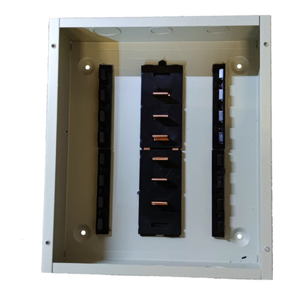 An open metal electrical junction box with a beige interior, featuring three black terminal blocks with copper-colored contact bars on a white background.