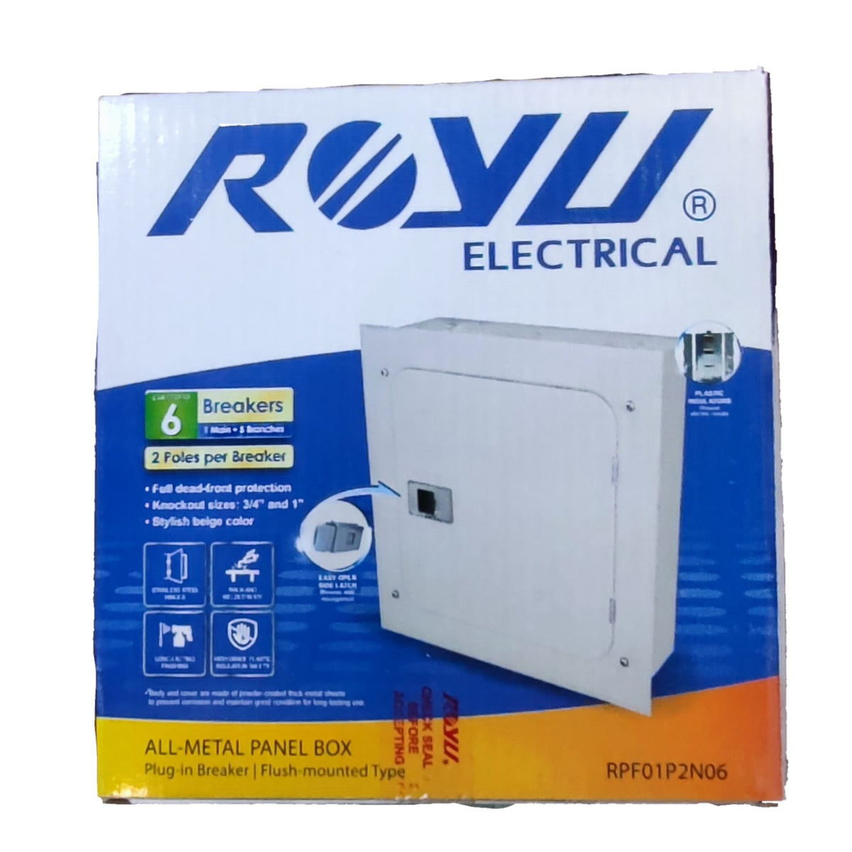 ROYU Electrical all-metal panel box in its retail packaging, featuring a white and blue box with an illustration of the silver-gray metal panel box.