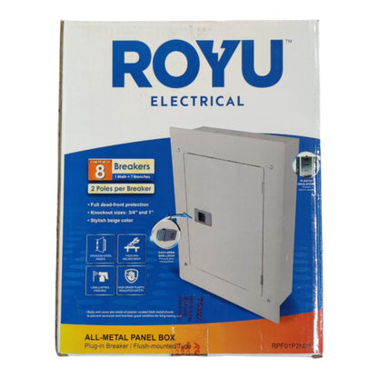 The retail packaging box for a Royu Electrical 8 Breaker plug-in panel box, featuring a white background with blue branding and a graphic of the beige metal panel box.