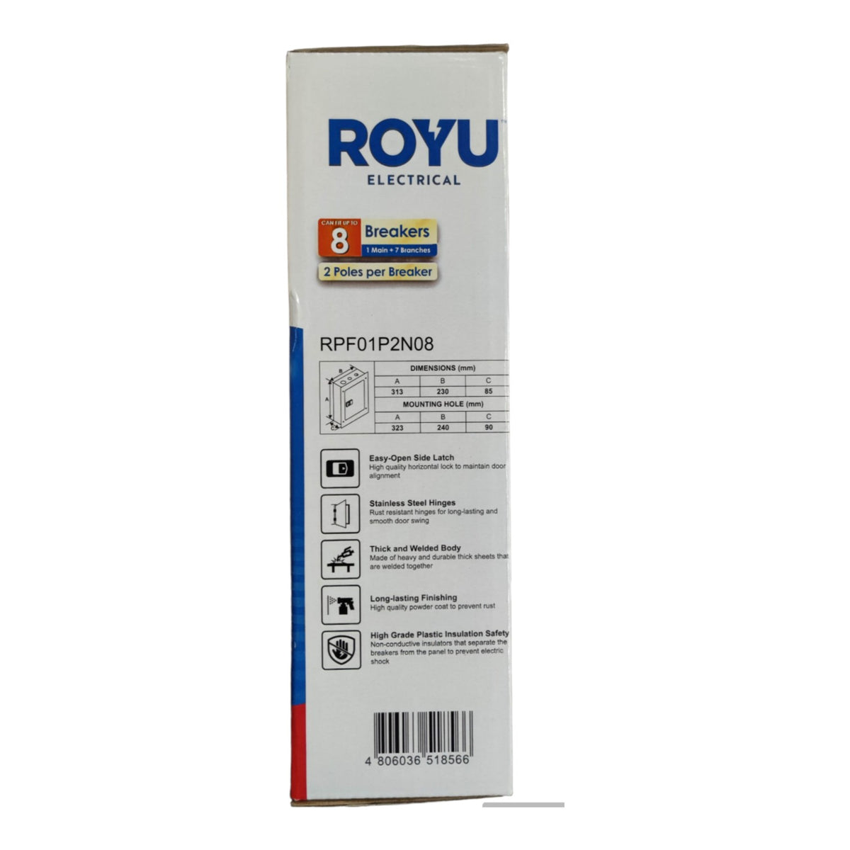 A tall, narrow white cardboard box for Royu Electrical 8 Breakers, featuring blue branding and technical specifications on a white background.