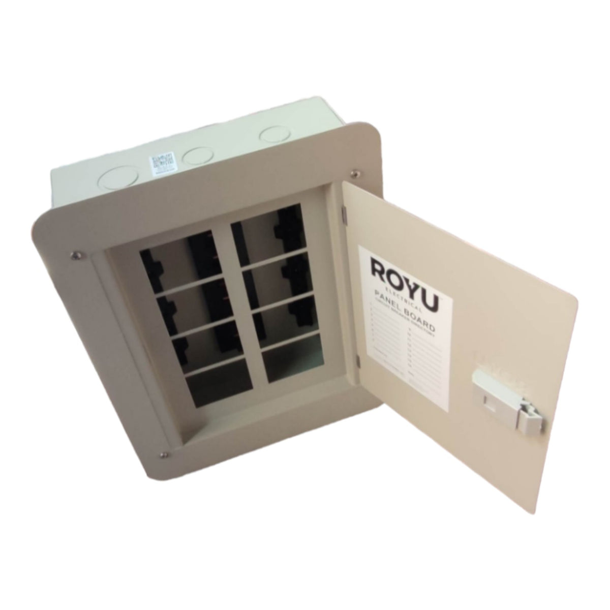 A ROYU cable management box with a beige metal exterior, shown with its door open to reveal internal cable trays and a printed label on the inner door.