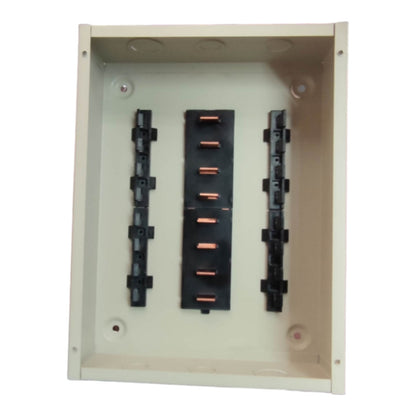 An open beige electrical junction box showing three black terminal blocks, with the center block displaying copper-colored contacts.