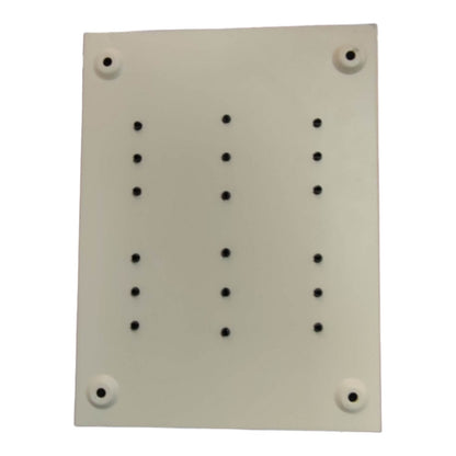 A square off-white plastic mounting plate with four circular screw holes at the corners and a grid of twelve small black dots in the center, shown on a plain white background.