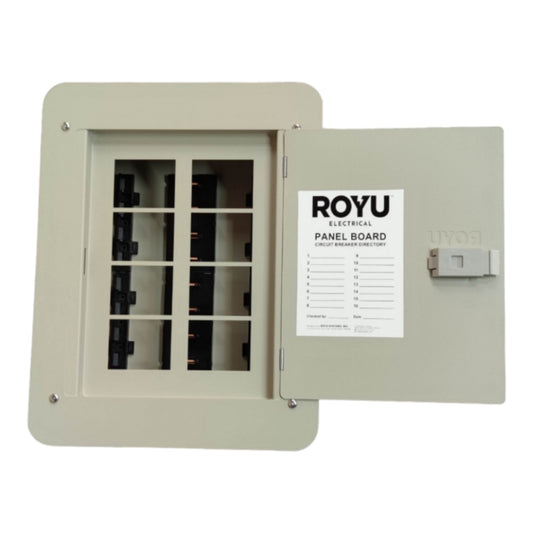 A Royu Electrical panel board with its door open, showing multiple circuit breakers inside and a white instruction chart on the inner side of the door.