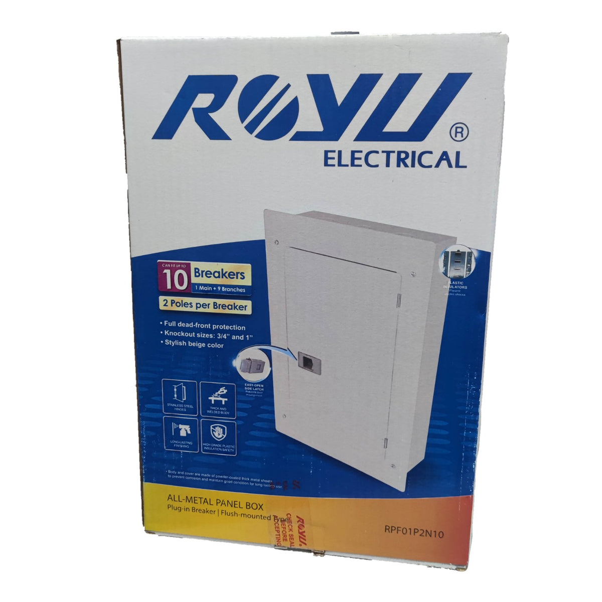 Royu Panel Board 5x5 10 Holes for 2 Pole Plug in Circuit Breaker 10 Breakers 2 Pole Plug in Panel Box 8 Branches RPF01P2N10 I Electx Electrical Supply