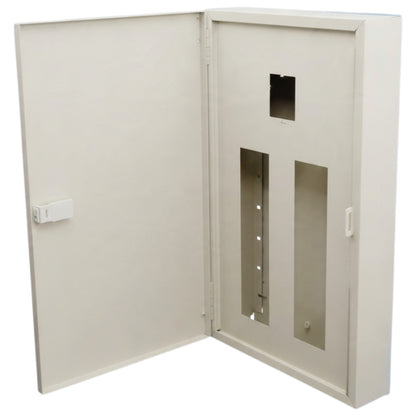 An off-white metal electrical panel or junction box with its door swung open, showing internal mounting slots and a lock on the exterior door.