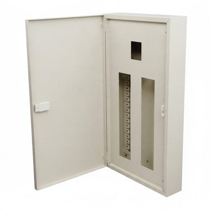 An off-white metal electrical distribution cabinet with its door swung open, showing the interior panel tray and terminal slots against a plain white background.