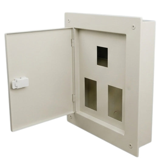 An off-white metal electrical junction box with its door swung open, showing two rectangular openings and a square opening on the inner panel.