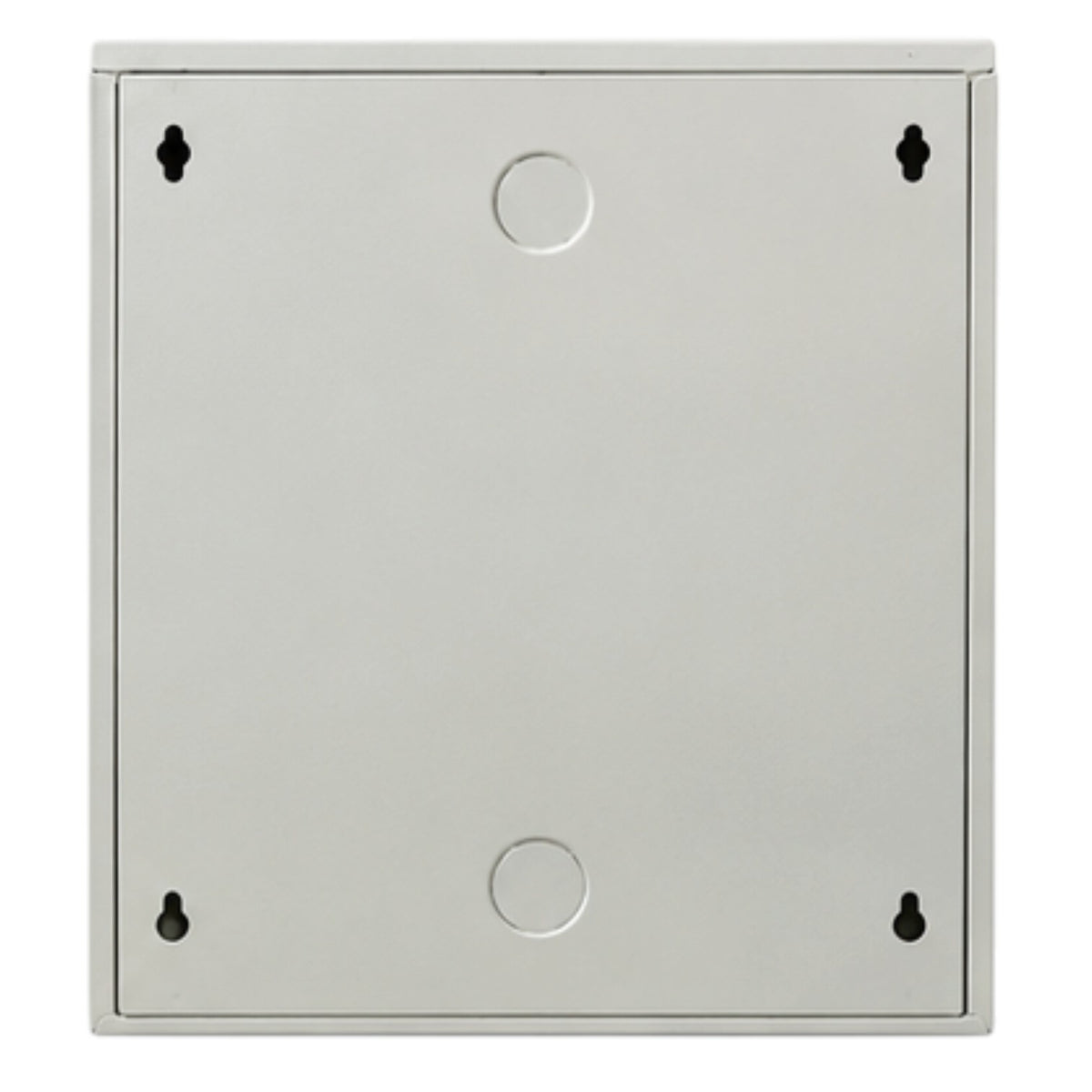 A square metal electrical junction box cover with a brushed silver finish, featuring pre-drilled mounting holes in the corners and two circular screw holes in the center, shown on a plain white background.