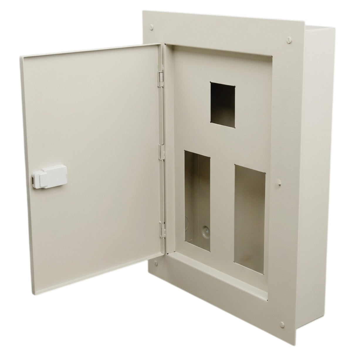 An off-white metal electrical or utility cabinet with its door swung open, showing a lock on the outside and ventilation or access slots on the inside, isolated on a white background.
