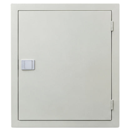 A light gray metal utility door or access panel with a small square handle and hinges on the right side, shown against a plain white background.