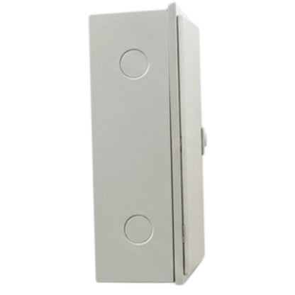 A light gray metal electrical junction box with two circular screw terminals on the front panel, shown against a plain white background.