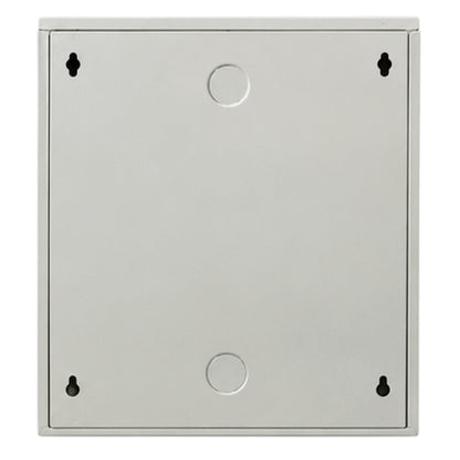A square metal electrical junction box cover with a brushed silver finish, featuring pre-drilled mounting holes in the corners and two circular screw holes in the center, shown on a plain white background.