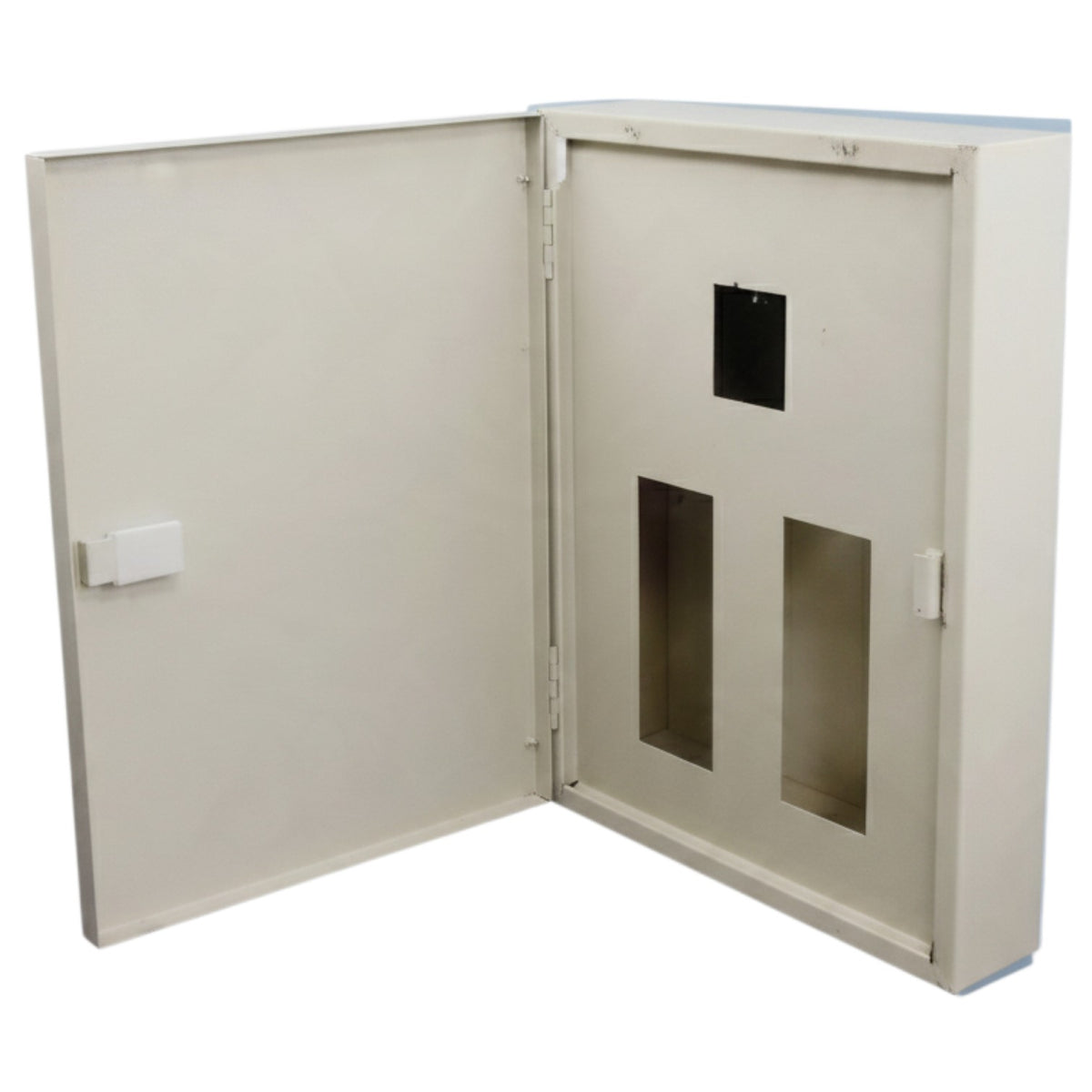 An open metal electrical distribution cabinet or utility box in a light beige/gray color, showing the interior door with two vertical window cutouts and a small black square panel near the top.