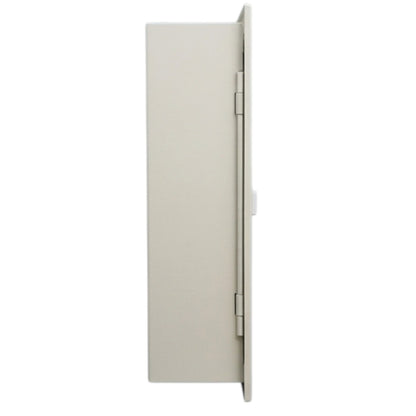 A side profile view of a light beige or off-white metal wall-mounted cabinet or utility box with hinges on the right side, shown against a plain white background.