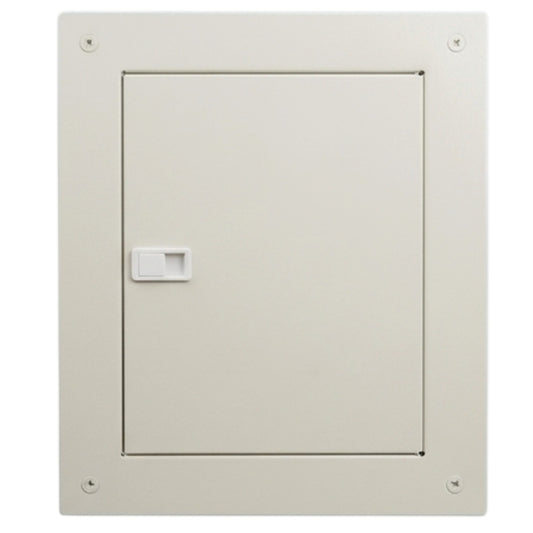 A square beige utility or electrical access door with a small white handle on the left side, shown against a plain white background.