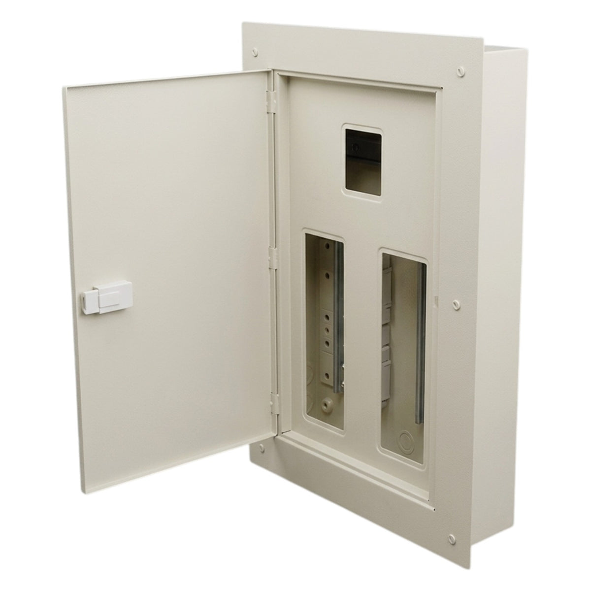 An off-white metal electrical distribution box with its door open, showing internal compartments and terminal slots, isolated on a white background.