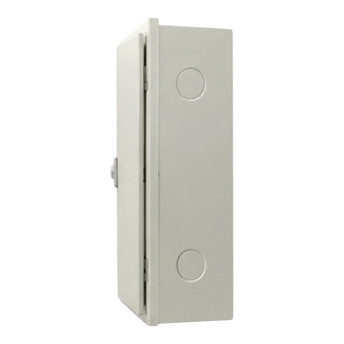 A light gray plastic electrical junction box with a hinged door, shown in a side profile view against a plain white background.