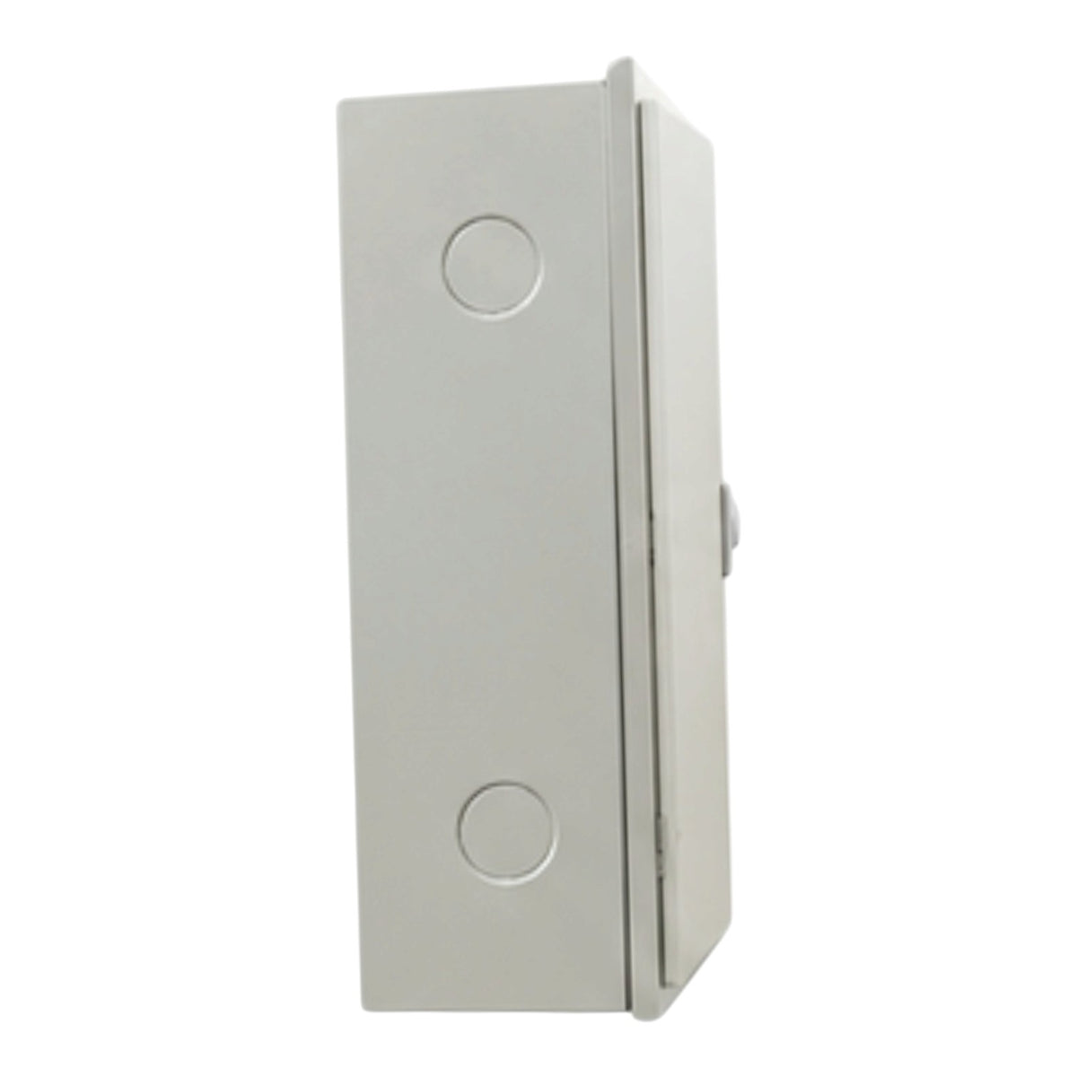A light gray metal electrical junction box with two circular screw terminals on the front face, shown against a plain white background.