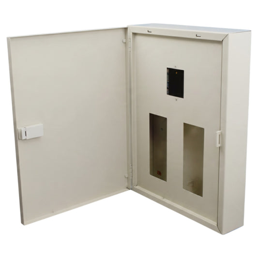 An off-white metal electrical distribution cabinet with its door swung open, showing the interior compartments, two vertical openings, a small square opening, and a lock on the outer door.