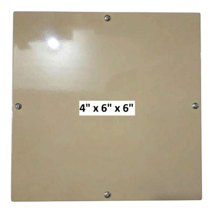 A square beige metal panel with four silver screws, featuring a white label in the center that reads '4" x 6" x 6"'.
