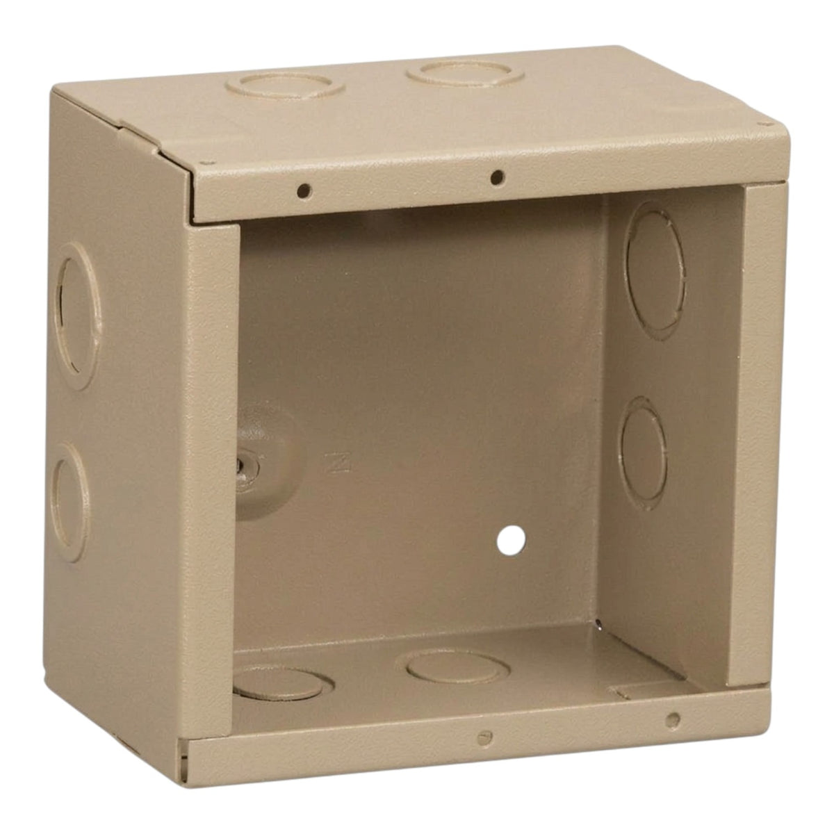 A square metal electrical junction box in a warm beige or sand color, shown from a three-quarter angle on a plain white background.