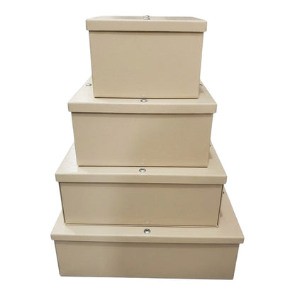 Four nested storage boxes in a tiered stack, made of a light beige plastic or metal material with small metal corner fasteners, shown against a plain white background.