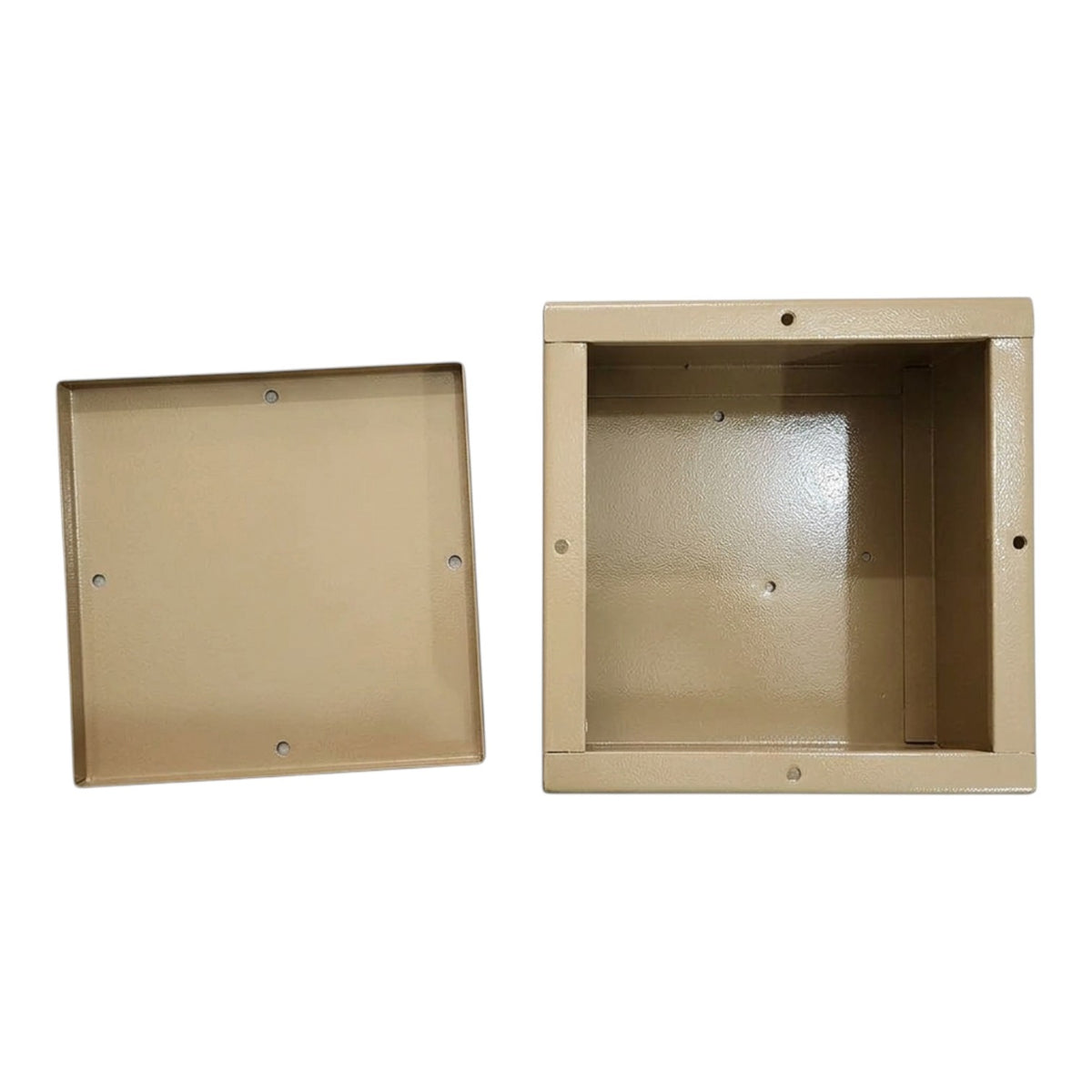 A square metal electrical junction box shown in two views: one showing the interior and one showing the lid, both in a light beige or sand-colored finish against a plain white background.
