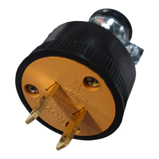 A black and gold Roxy 3-pin industrial electrical plug with a silver metal connector at the top, shown on a white background.