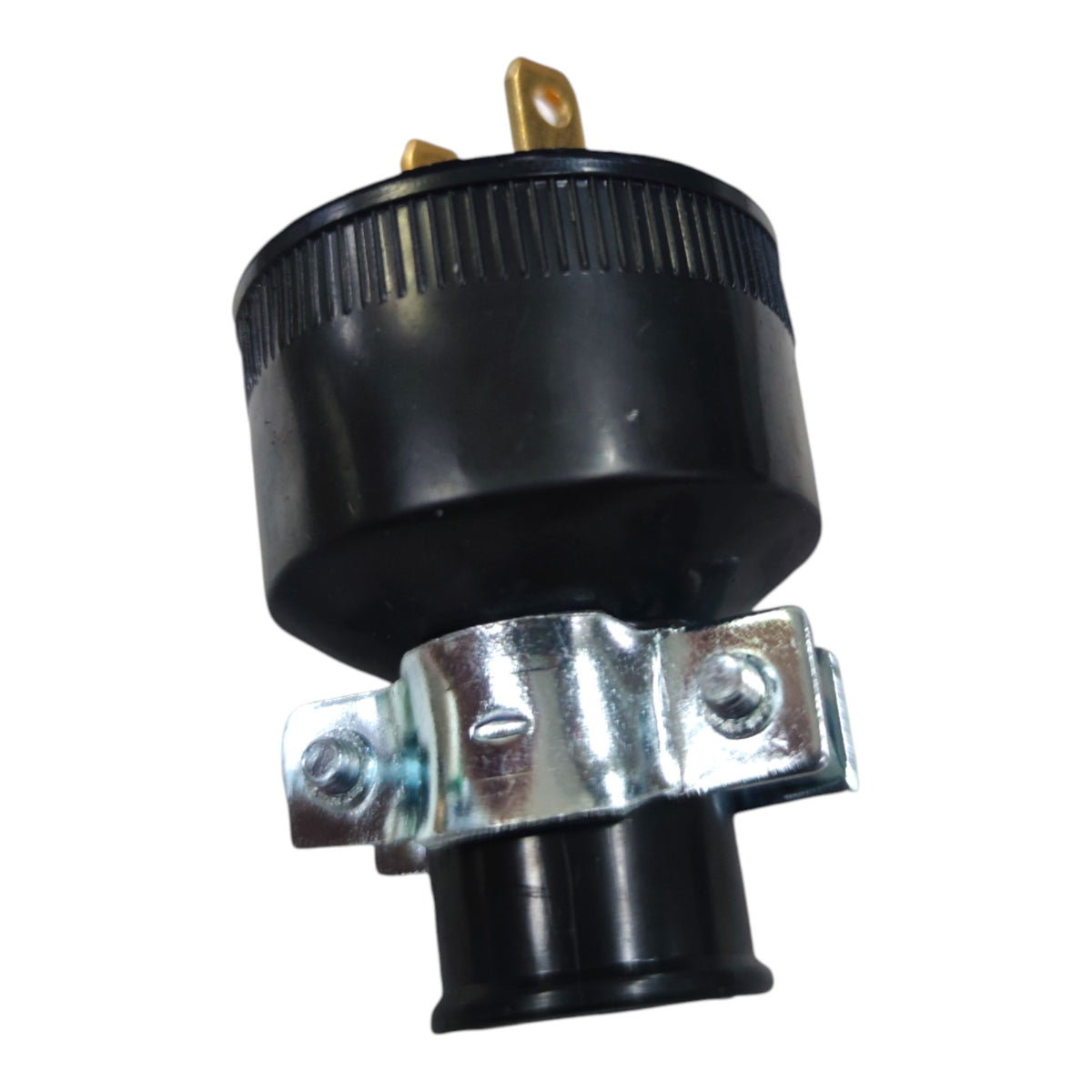 A black plastic electrical outlet adapter with a silver metal clamp and brass-colored pins, isolated on a white background.