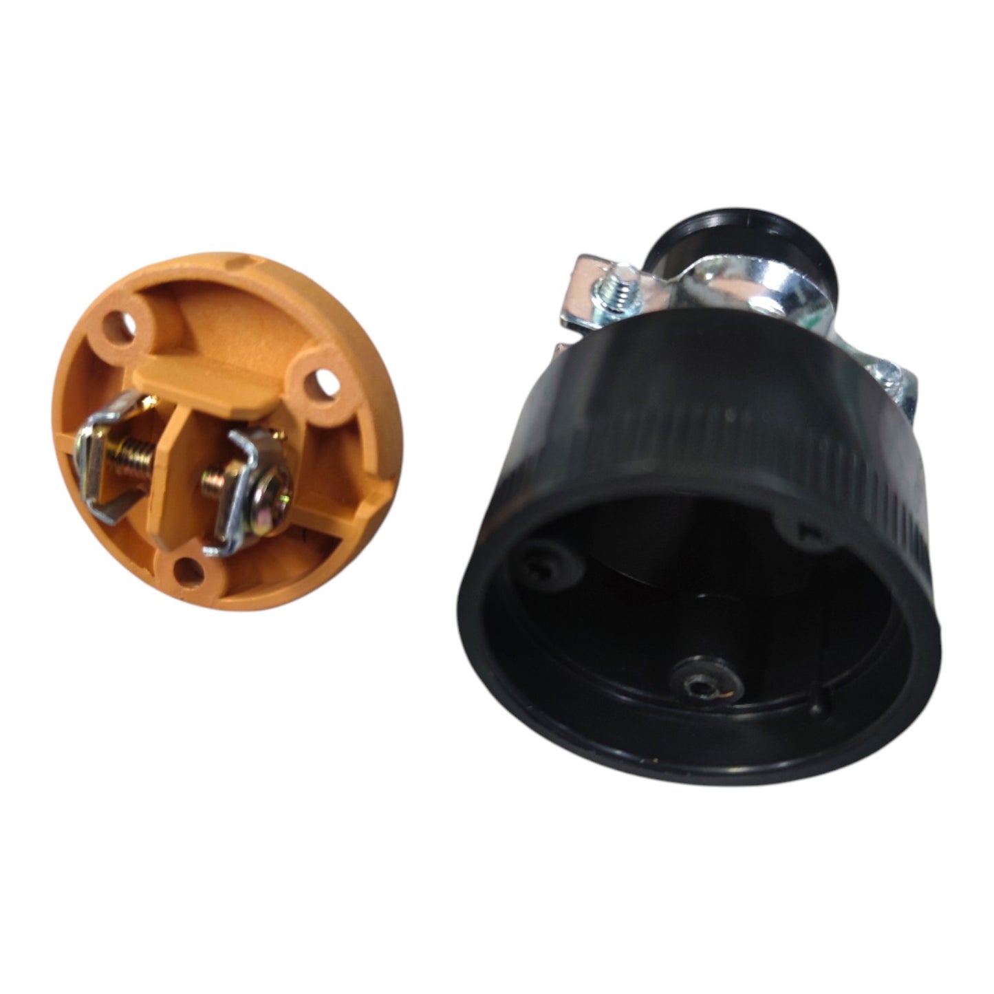 Two electrical components on a white background: a round tan terminal housing with metal screw terminals on the left, and a black cone-shaped connector with silver metal hardware on the right.