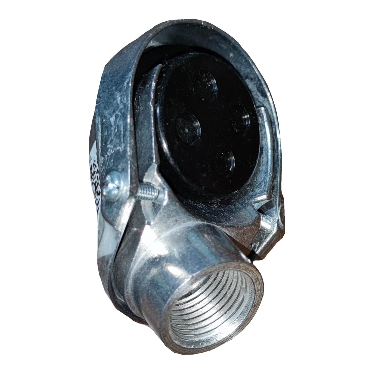 Metal fitting with threaded end and black socket on a white background
