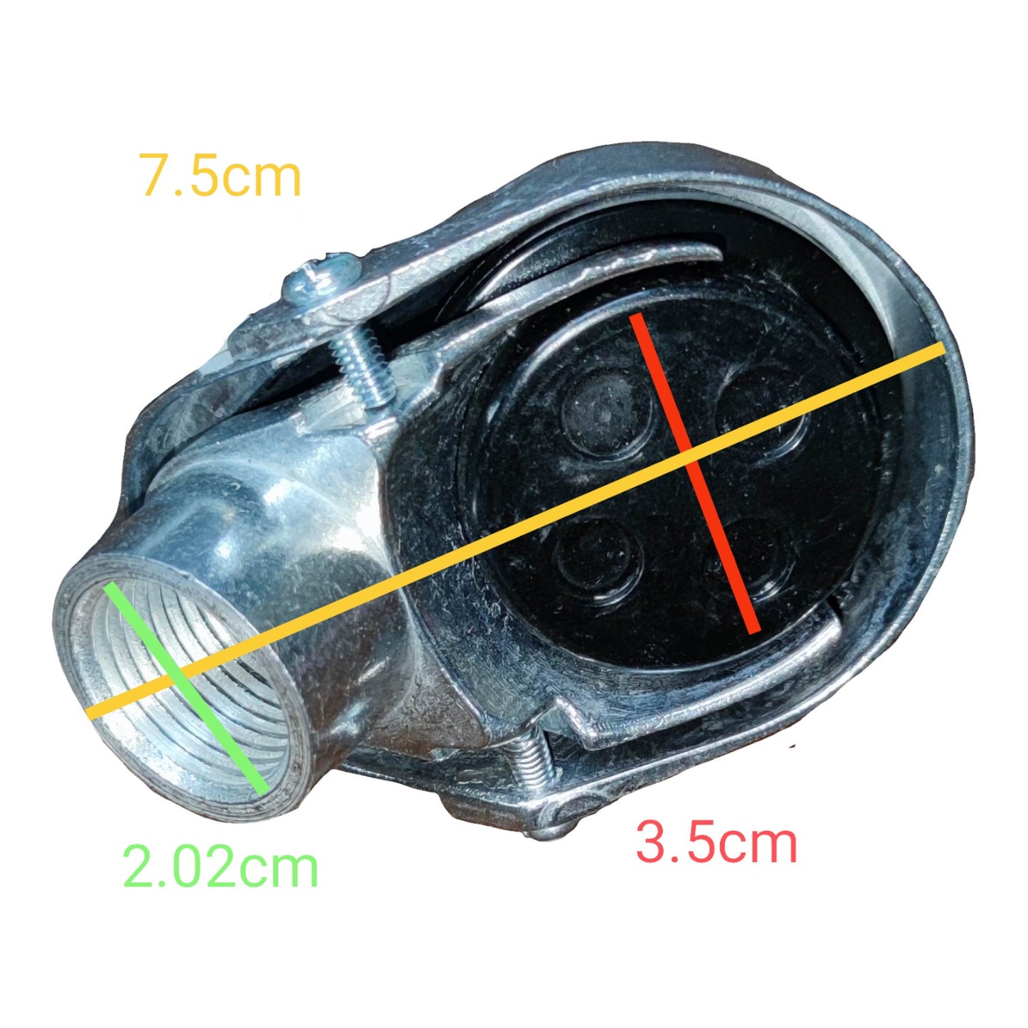 Mechanical component with measurements on a white background