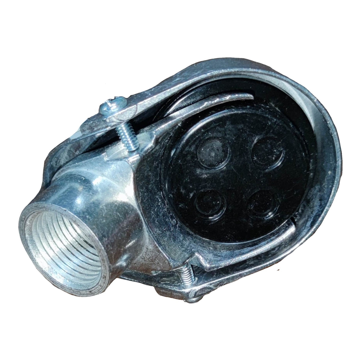 Mechanical component with metal and black parts on a white background