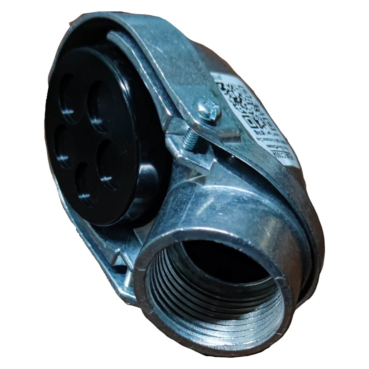 Metal pipe fitting with black component on a white background