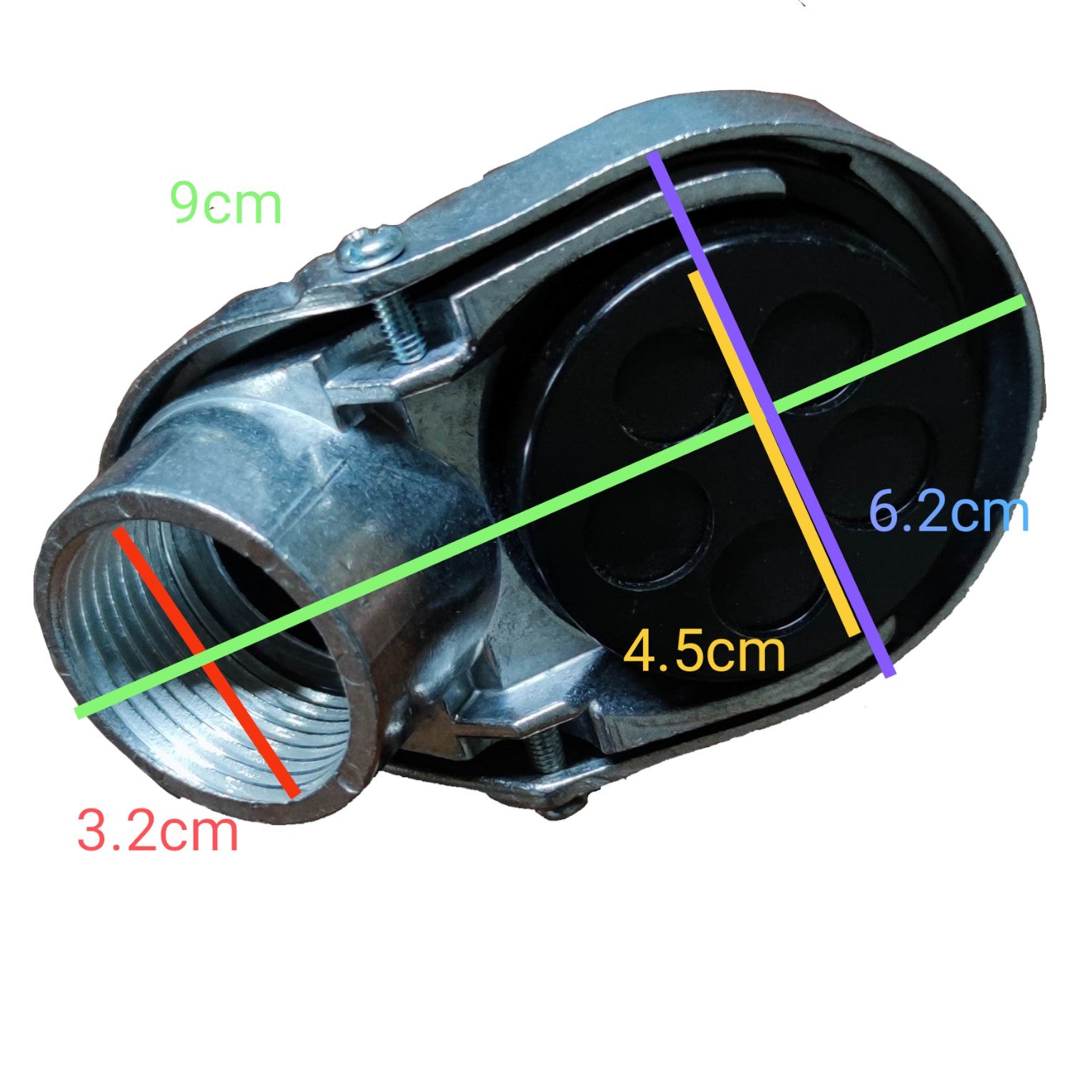 Mechanical component with measurements marked on a white background