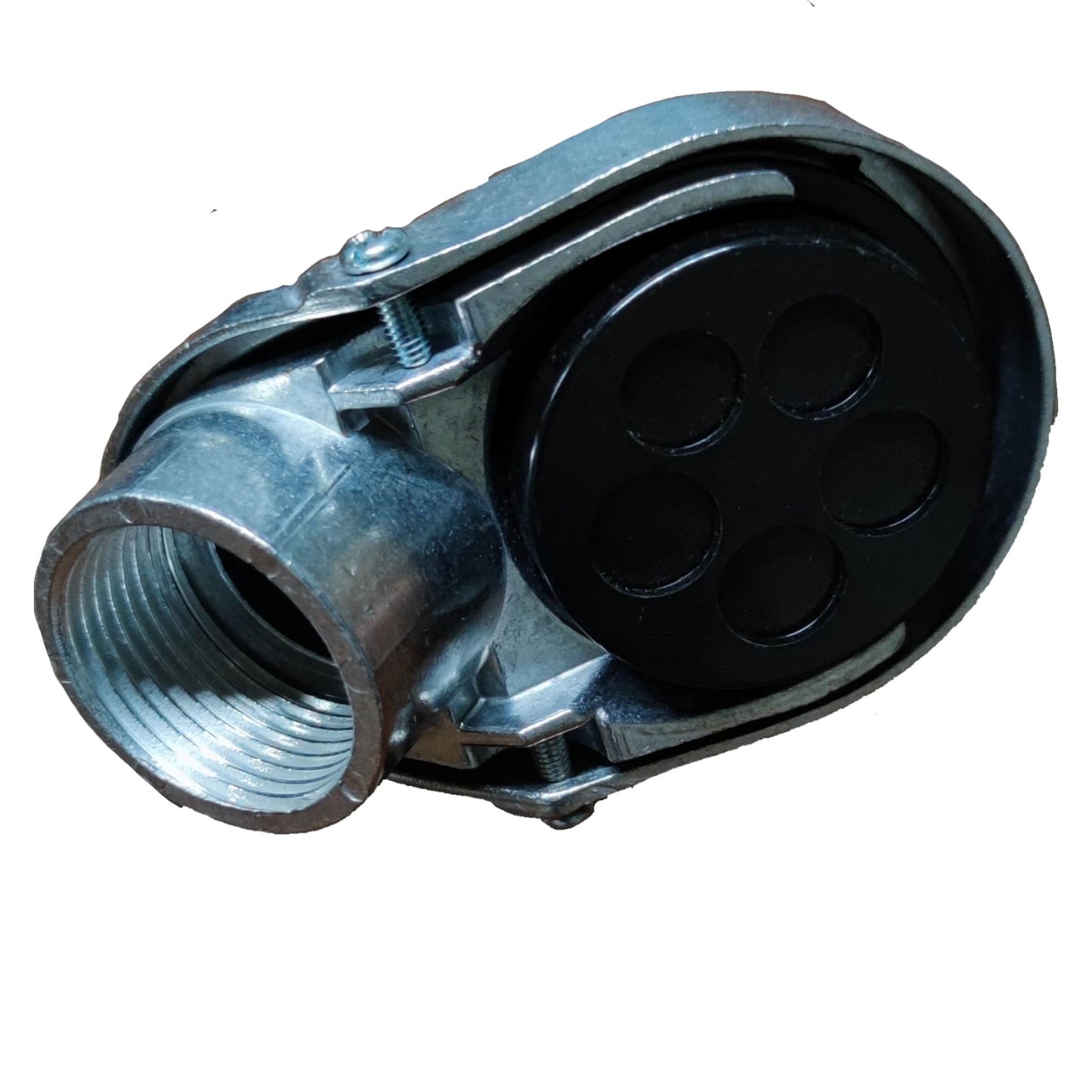 Mechanical component with black and silver design on a white background