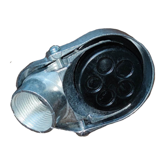 Metal electrical connector with four-pin design on a white background