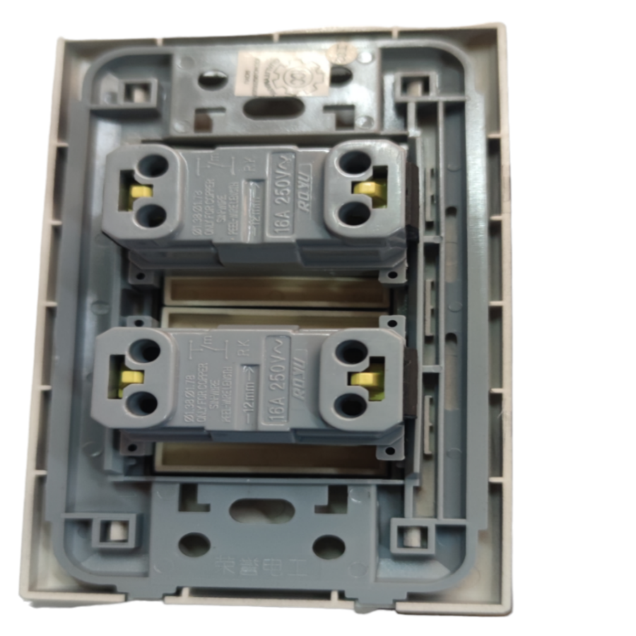 Internal view of Royu Switch Flush 10A 250V Black showing mounting and wiring terminals