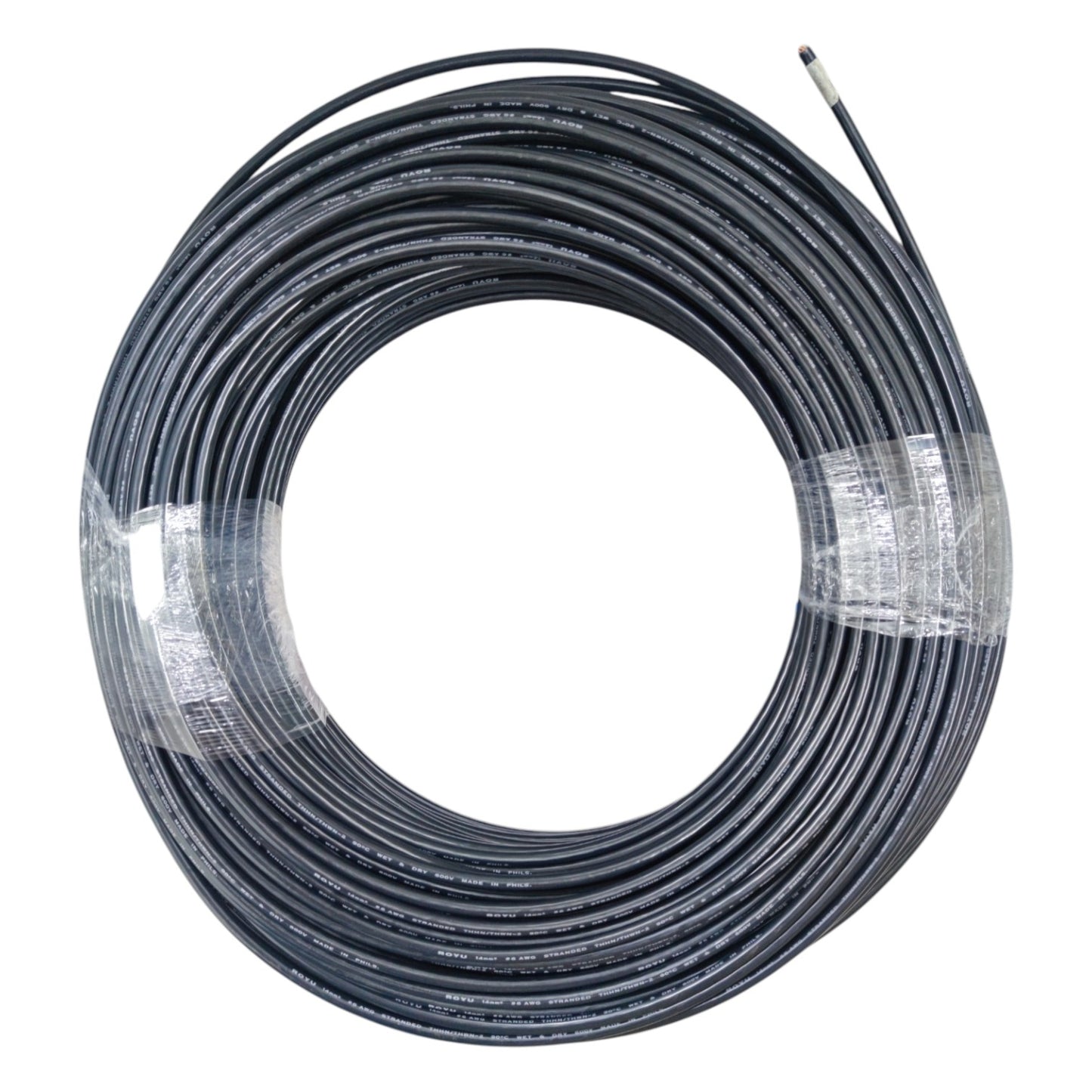 Coiled black cable on a white background