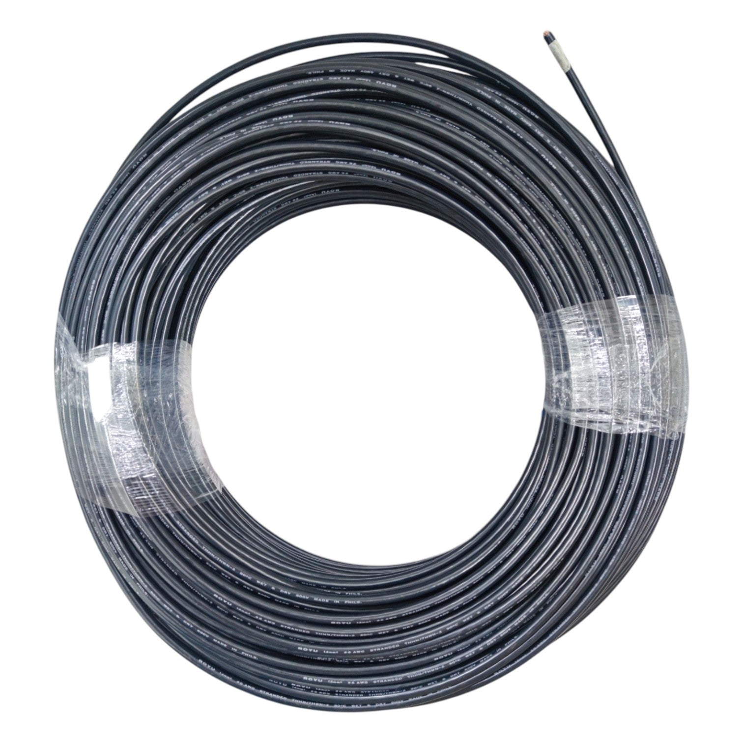 Coiled black cable on a white background