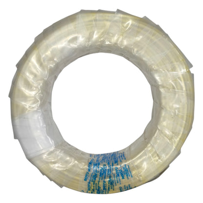 Clear plastic tube with blue text on a white background