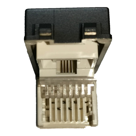 RJ45 network ethernet connector with a black outer housing and a beige plastic jack body, shown against a plain white background.
