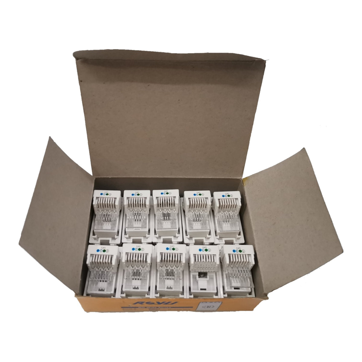 An open brown cardboard box containing eight white RJ45 network module connectors arranged in two rows of four, photographed on a plain white background.