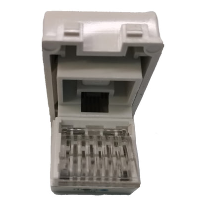 A white RJ45 network module with a translucent protective cover pulled open to reveal multiple internal wire contacts, shown against a plain white background.