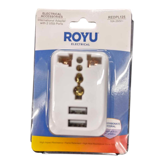 A white Royu Electrical international adapter with two USB ports, packaged in its original retail blister card.