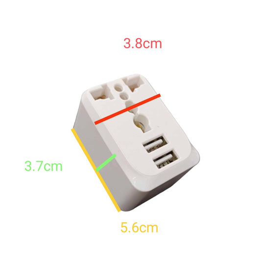 A white plastic travel adapter plug with two USB-A ports, shown with overlaid dimension labels in red, green, yellow, and black indicating 3.8 cm, 3.