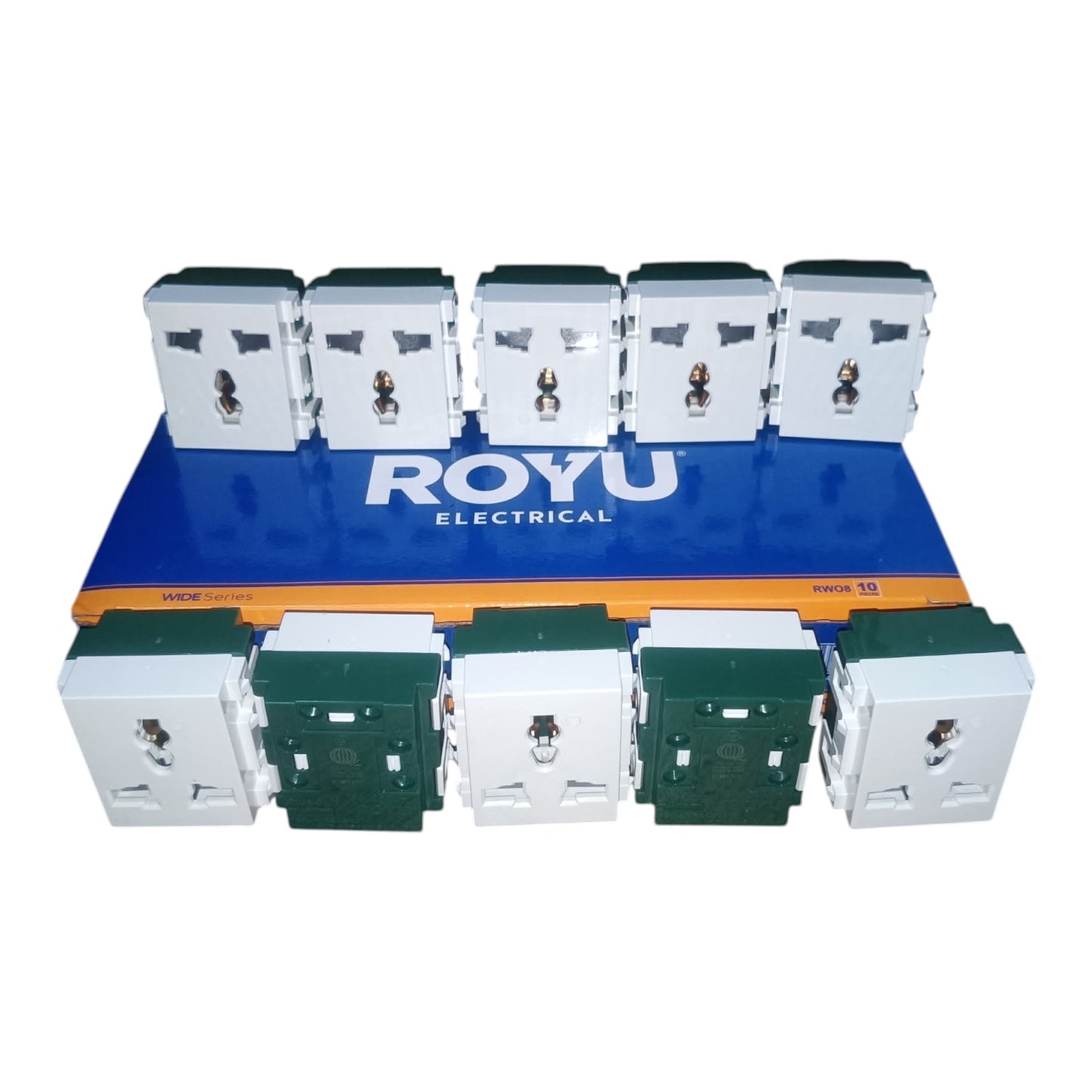 Eight Royu Electrical miniature circuit breakers in white and green plastic enclosures, arranged in two rows on top of a blue and orange branded display box against a white background.