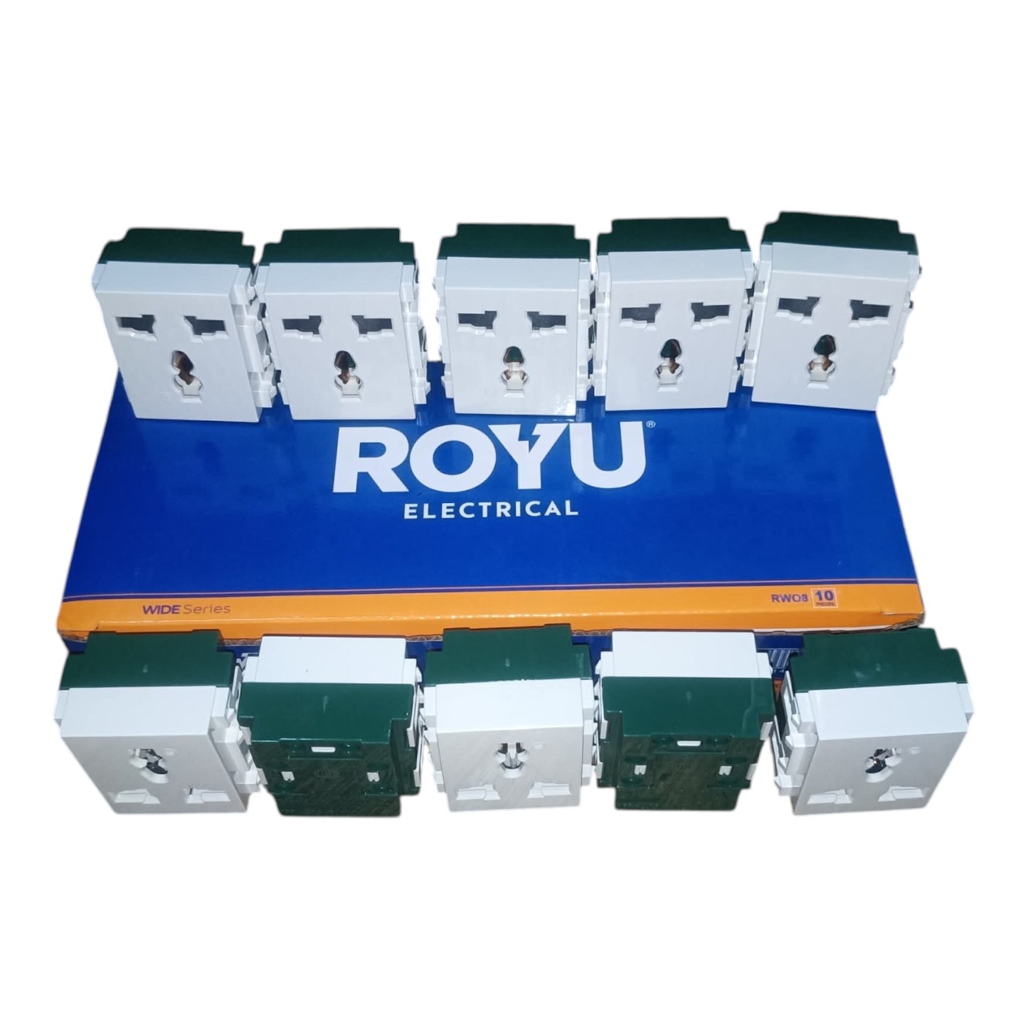 A set of eight white and dark green international travel plug sockets arranged on top of and around a blue and orange ROYU ELECTRICAL branded storage box, isolated on a white background.